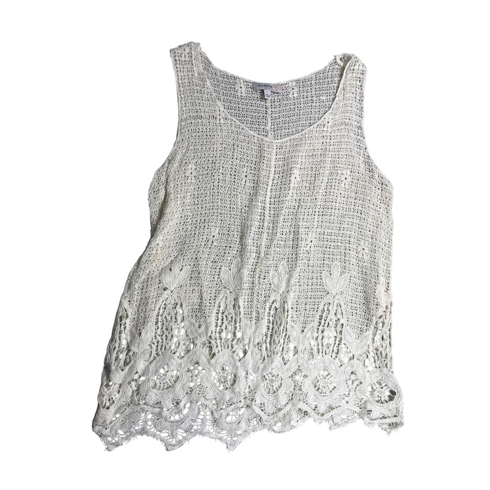 Blu Pepper Womens Large Ivory Crochet Lace Tank Top Boho Sheer Sleeveless Tunic